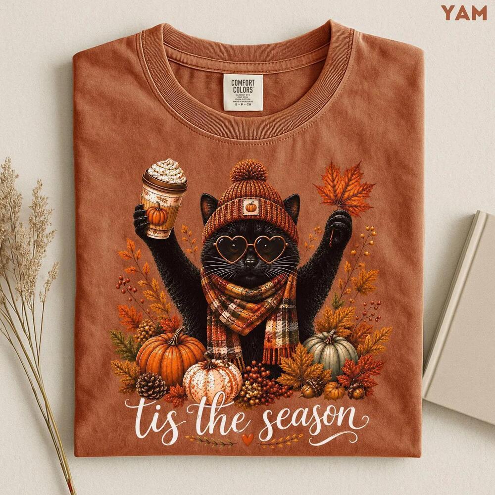 Black Cat Halloween Shirt, Pumpkin Spice Cat Tee, Fall Cat Shirt